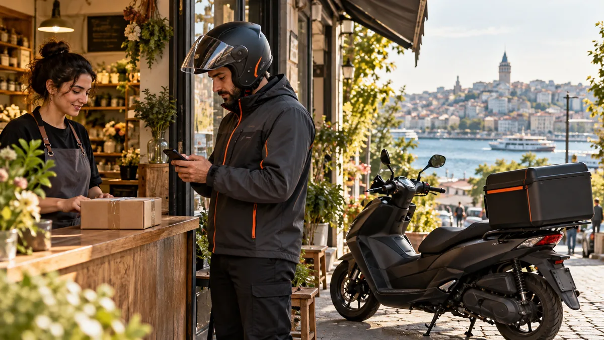 Paket alımını telefonuyla planlayan kurye ve park edilmiş motosiklet.