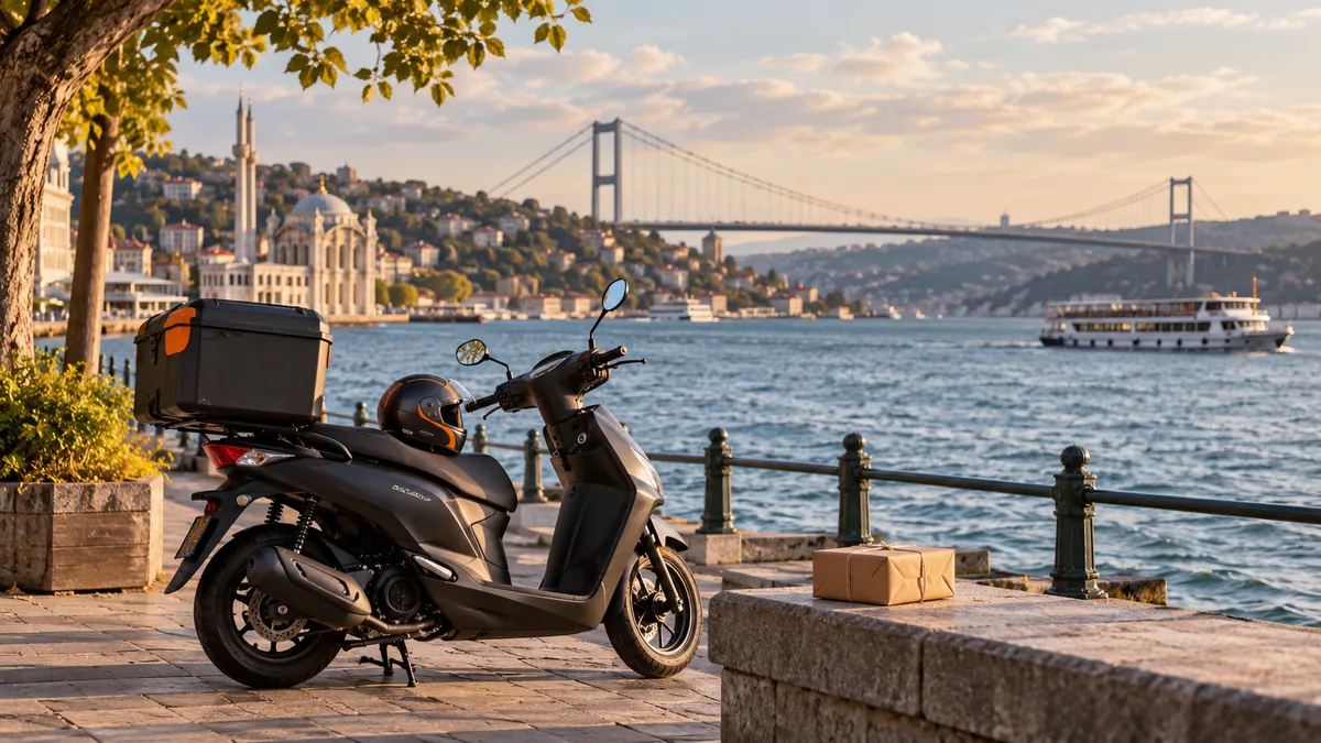 Boğaz ve köprü önünde park edilmiş kurye motosikleti ve kapalı paket.