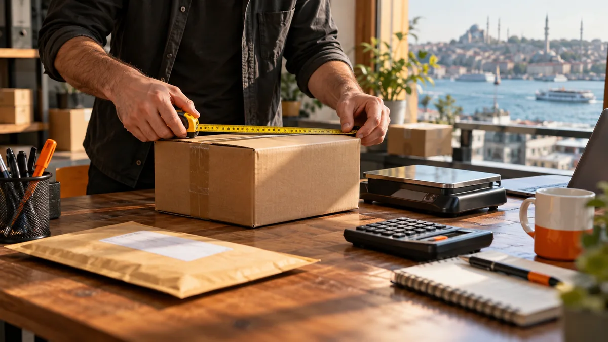 Paketin ölçüsünü kontrol eden kişi, tartı ve hesap makinesi.