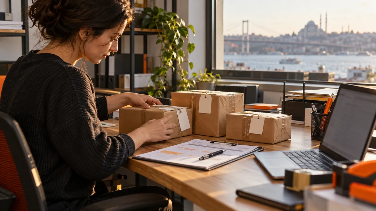 Ofiste düzenli kurye alımı için hazırlanan kapalı paketler ve planlama çizelgesi.